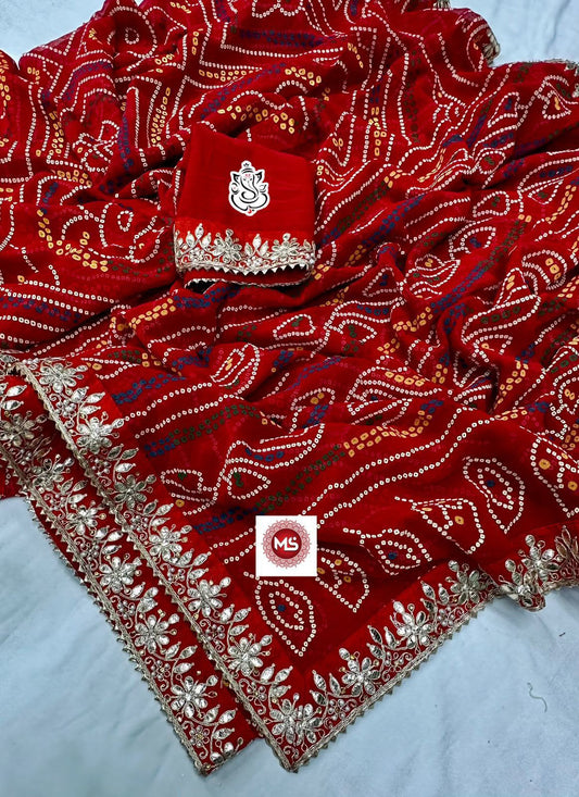 Special Saawan Red Bandhani Heavy Georgette Designer Saree with Gota Patti