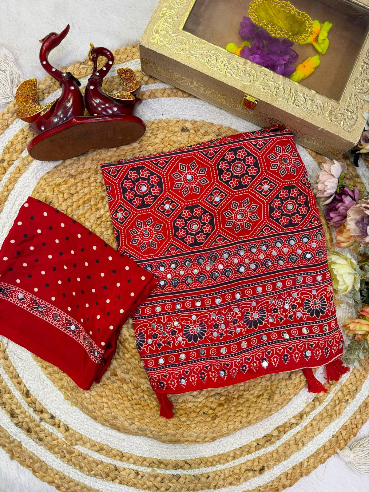 Ajrakh Print Soft Crepe Silk Saree with Real Mirror Work & Tussles