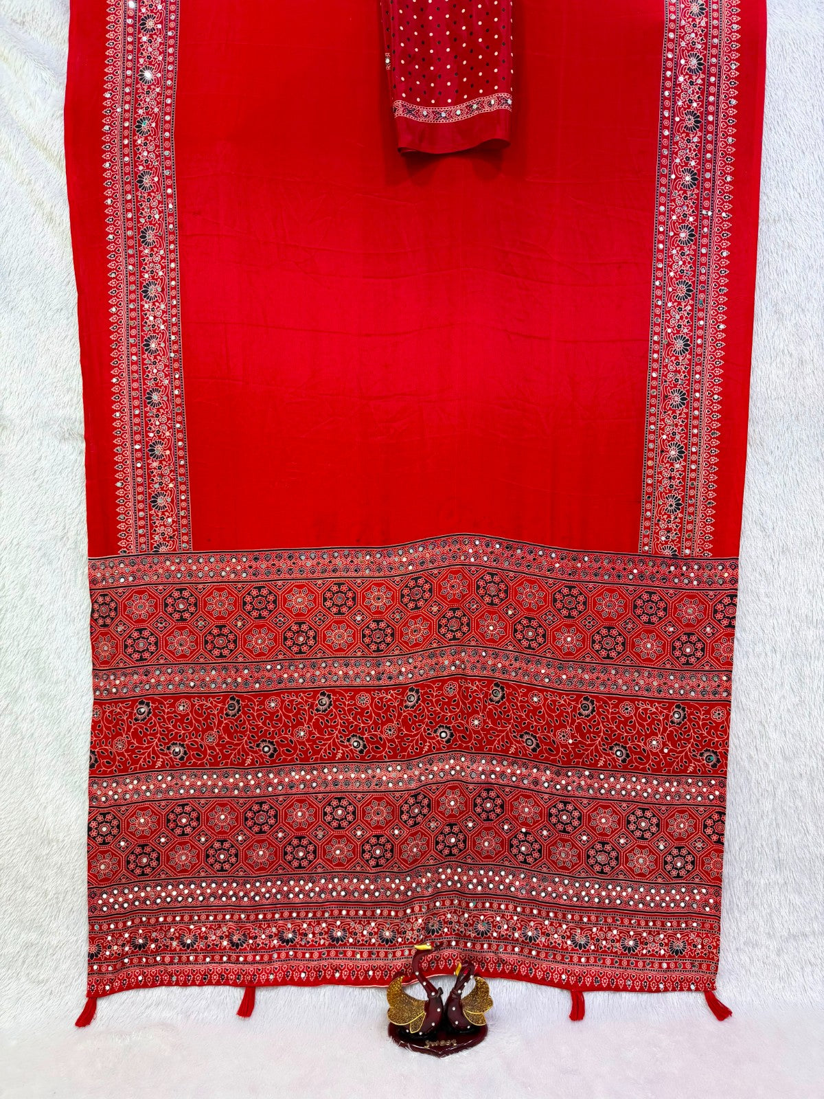 Ajrakh Print Soft Crepe Silk Saree with Real Mirror Work & Tussles