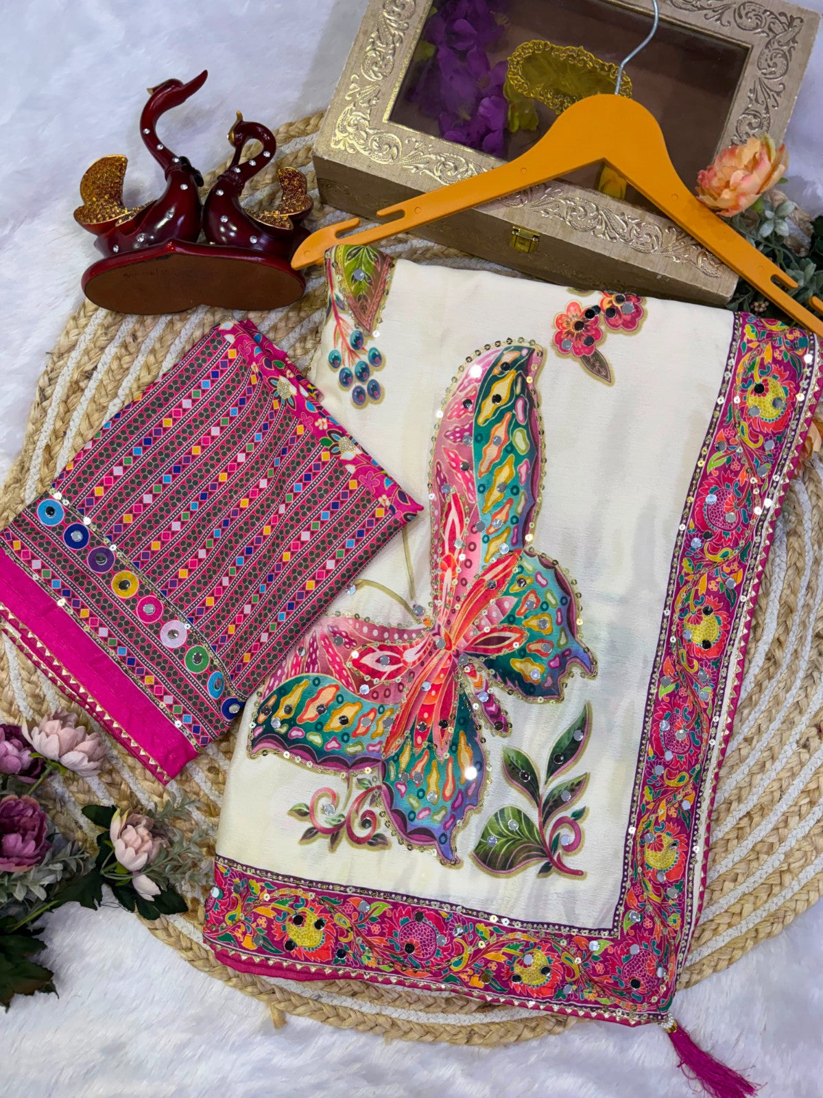 Designer Butterfly Floral Printed Saree with Real Mirror & Sequins Work