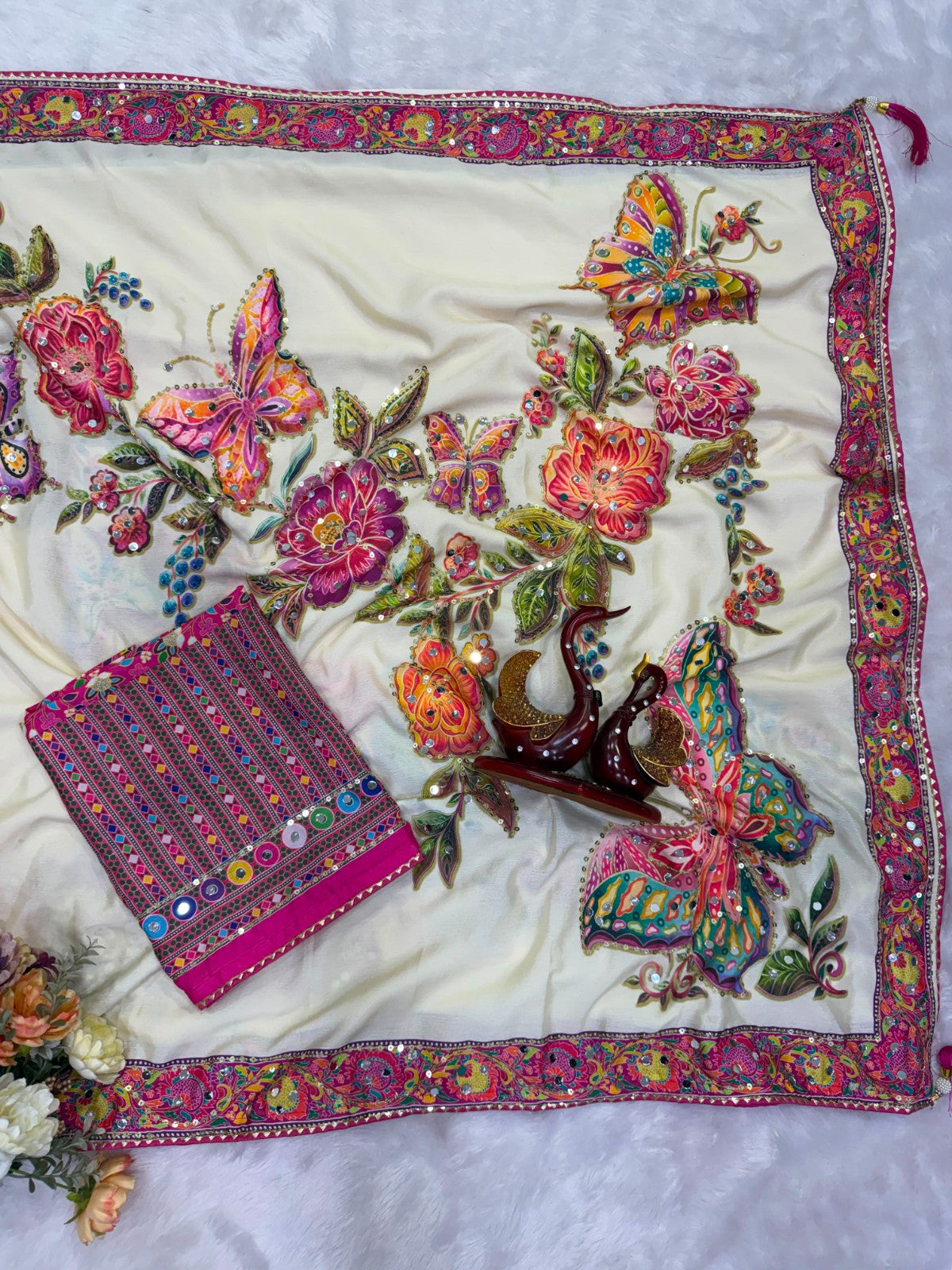 Designer Butterfly Floral Printed Saree with Real Mirror & Sequins Work