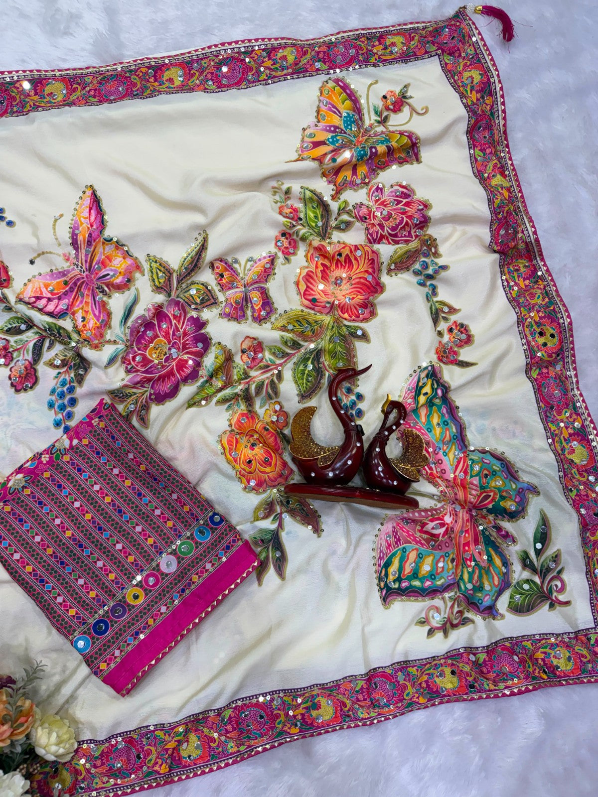 Designer Butterfly Floral Printed Saree with Real Mirror & Sequins Work