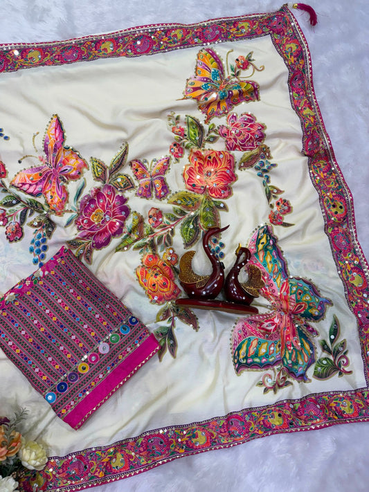 Designer Butterfly Floral Printed Saree with Real Mirror & Sequins Work