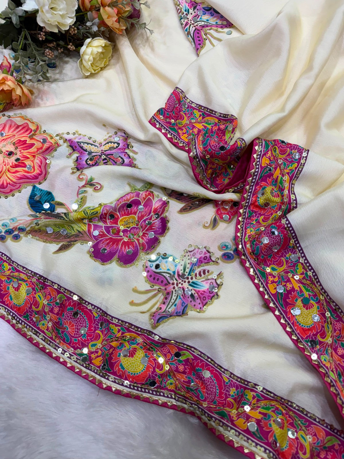 Designer Butterfly Floral Printed Saree with Real Mirror & Sequins Work