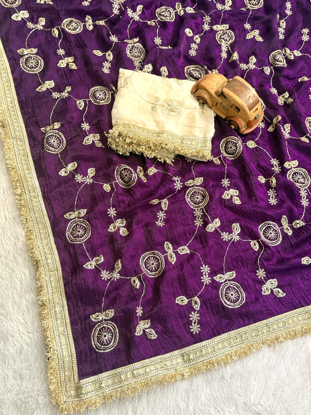 Space Satin Bits Sequence Work Saree With Contrast Running Blouse
