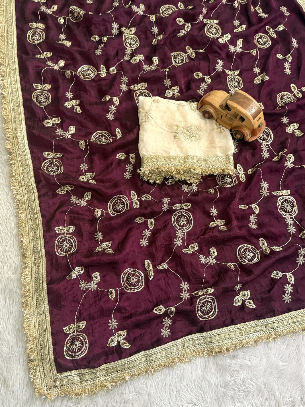 Space Satin Bits Sequence Work Saree With Contrast Running Blouse