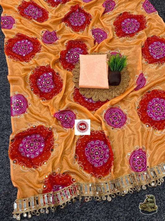 Soft Chinon Silk Digital Print Saree with Real Mirror Handwork