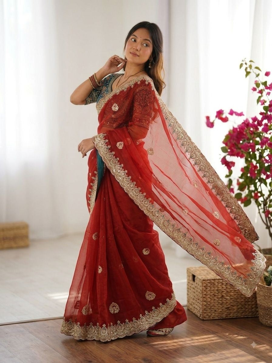 Luxury Sequins & Zari Embroidered Designer Saree