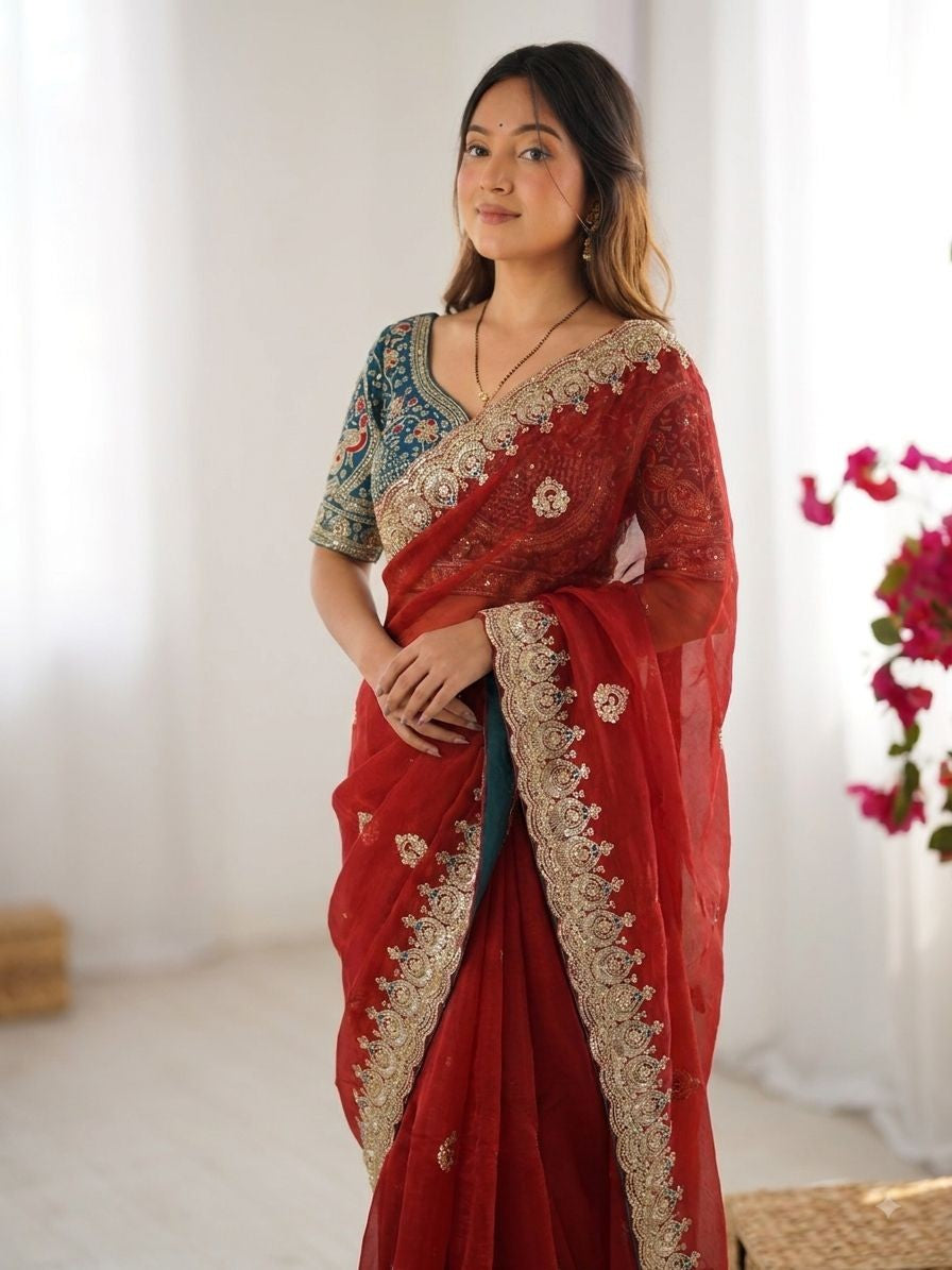 Luxury Sequins & Zari Embroidered Designer Saree
