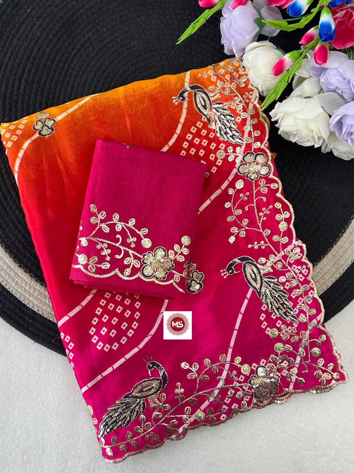 Heavy Pure Georgette Leheriya Saree with C-Pallu Multi Sequins & Foil Embroidery
