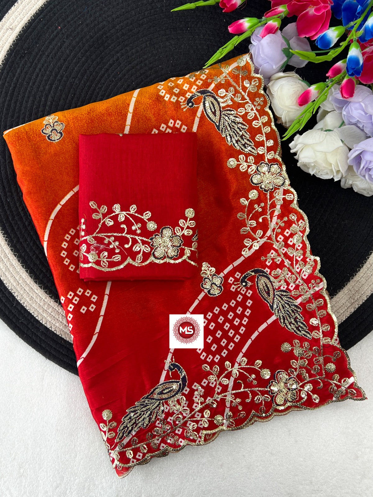 Heavy Pure Georgette Leheriya Saree with C-Pallu Multi Sequins & Foil Embroidery