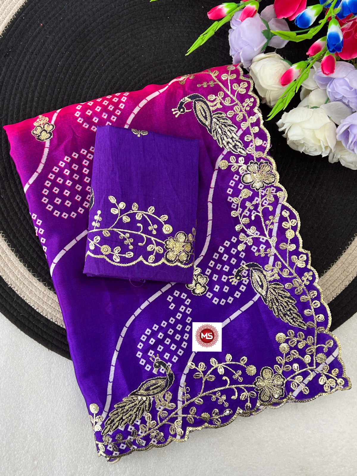 Heavy Pure Georgette Leheriya Saree with C-Pallu Multi Sequins & Foil Embroidery