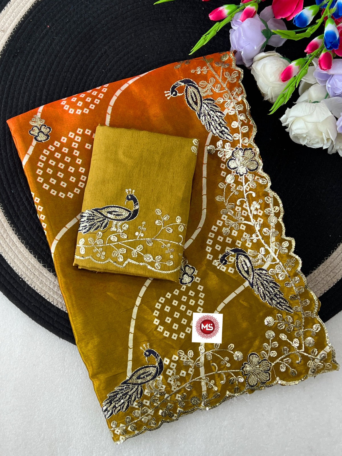 Heavy Pure Georgette Leheriya Saree with C-Pallu Multi Sequins & Foil Embroidery