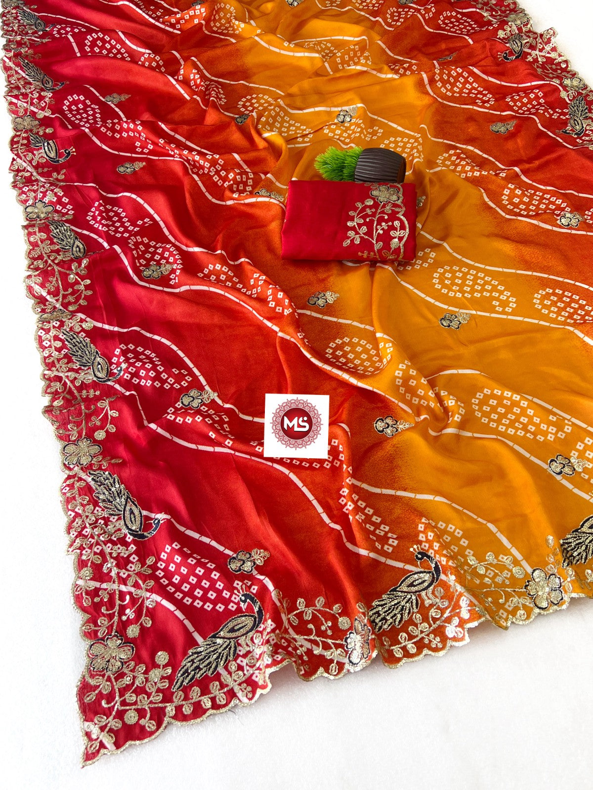Heavy Pure Georgette Leheriya Saree with C-Pallu Multi Sequins & Foil Embroidery