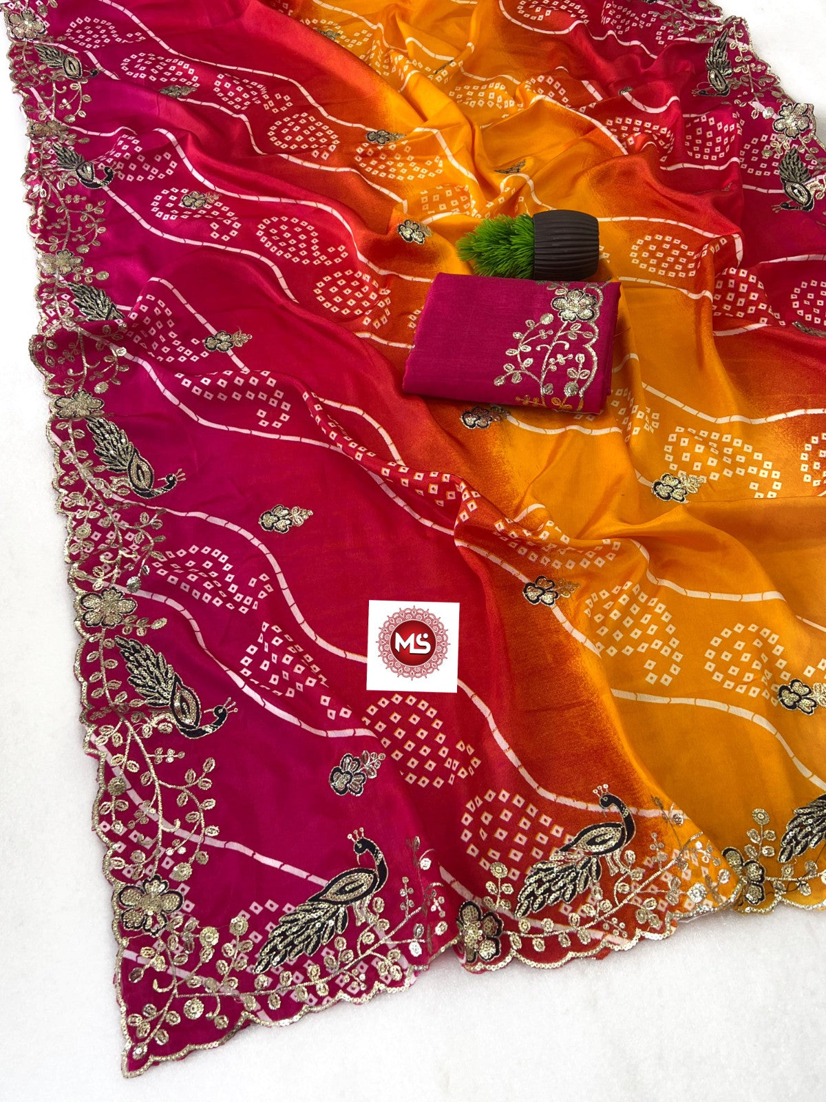 Heavy Pure Georgette Leheriya Saree with C-Pallu Multi Sequins & Foil Embroidery