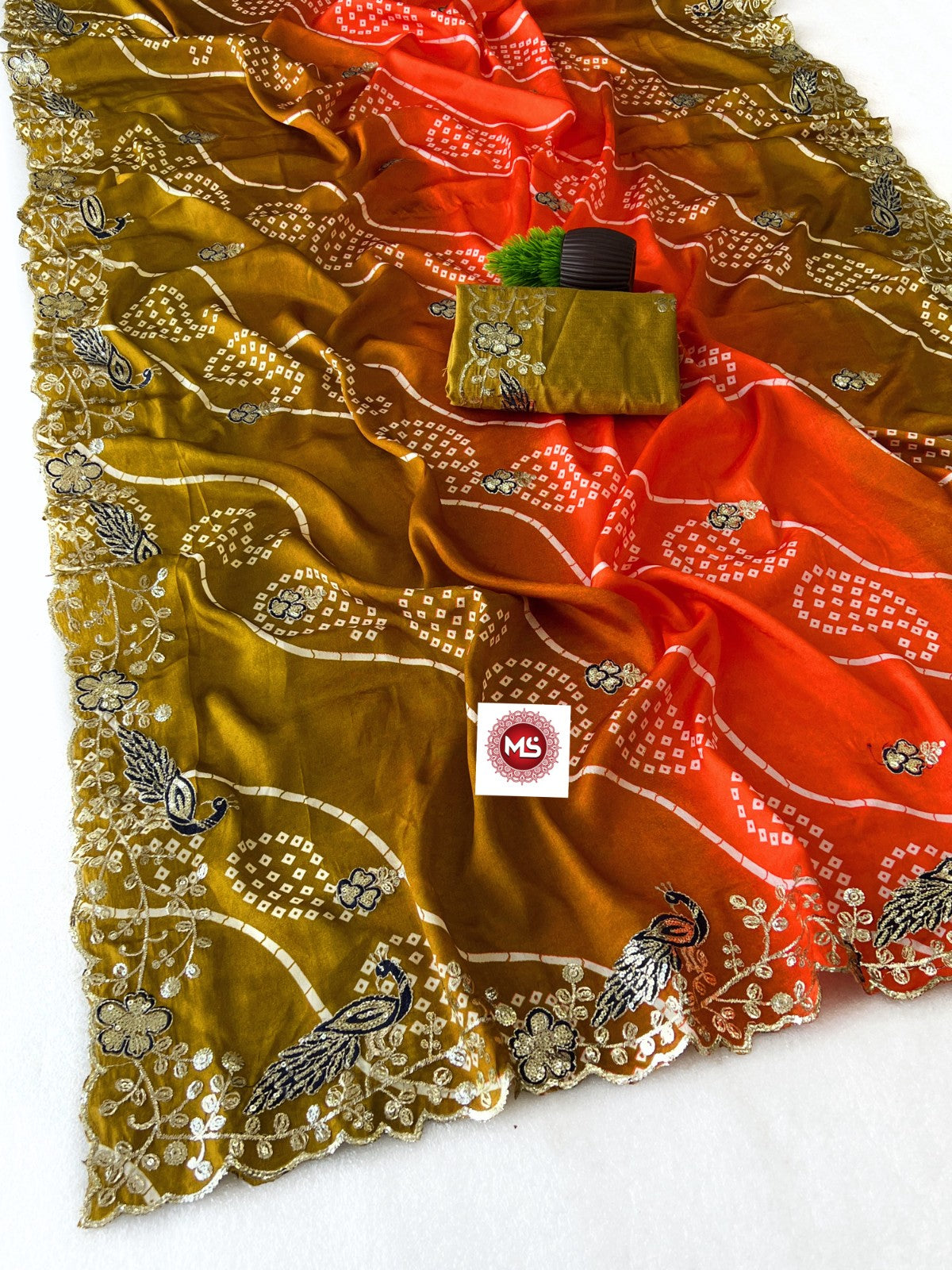 Heavy Pure Georgette Leheriya Saree with C-Pallu Multi Sequins & Foil Embroidery