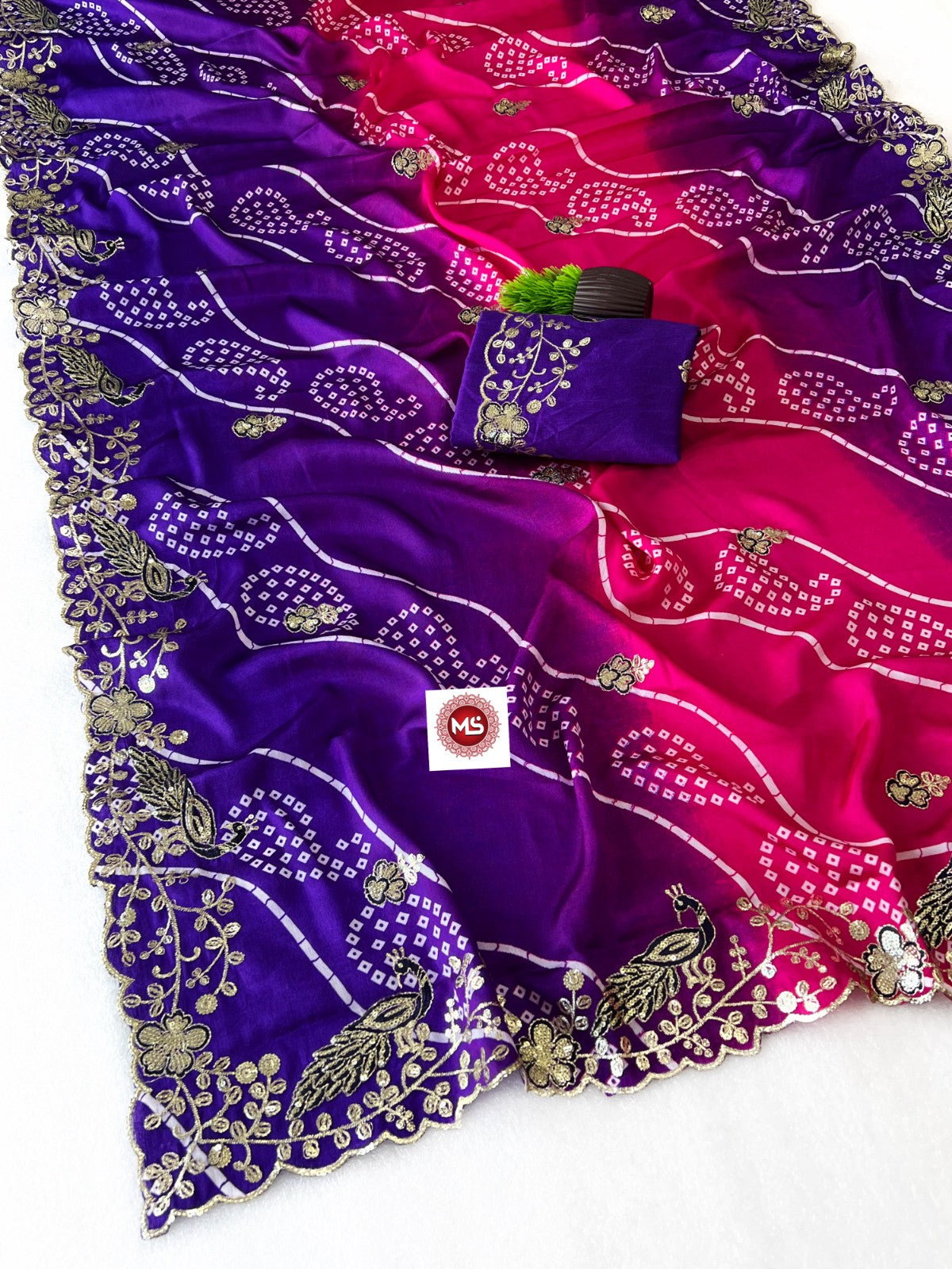 Heavy Pure Georgette Leheriya Saree with C-Pallu Multi Sequins & Foil Embroidery