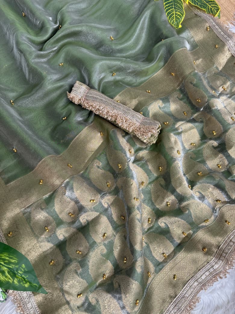 Premium Banarasi Satin Silk Saree with Gungroo & Lace Border
