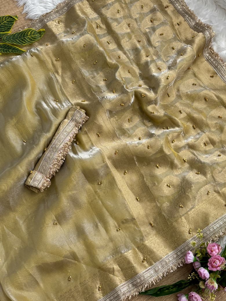 Premium Banarasi Satin Silk Saree with Gungroo & Lace Border
