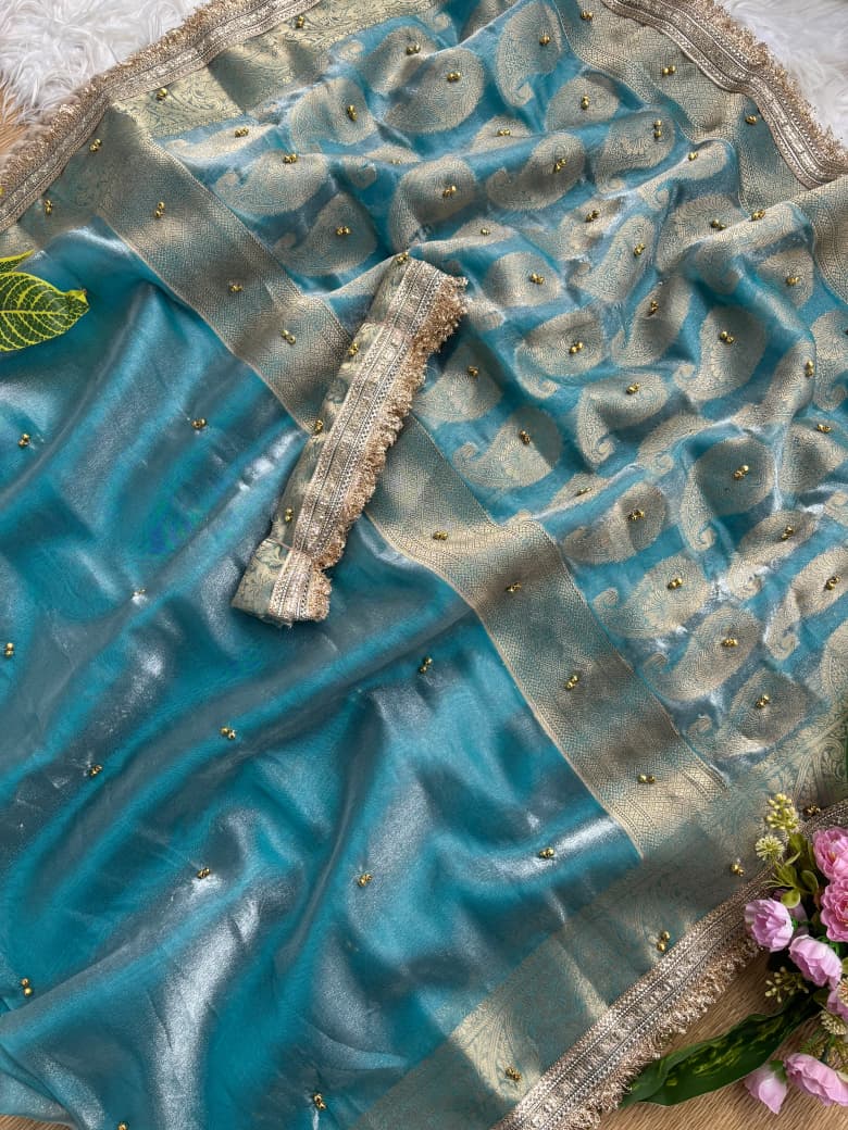 Premium Banarasi Satin Silk Saree with Gungroo & Lace Border
