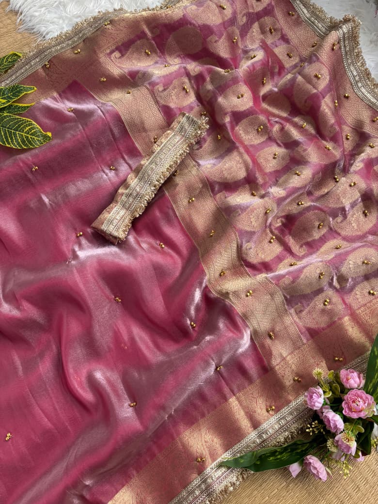 Premium Banarasi Satin Silk Saree with Gungroo & Lace Border