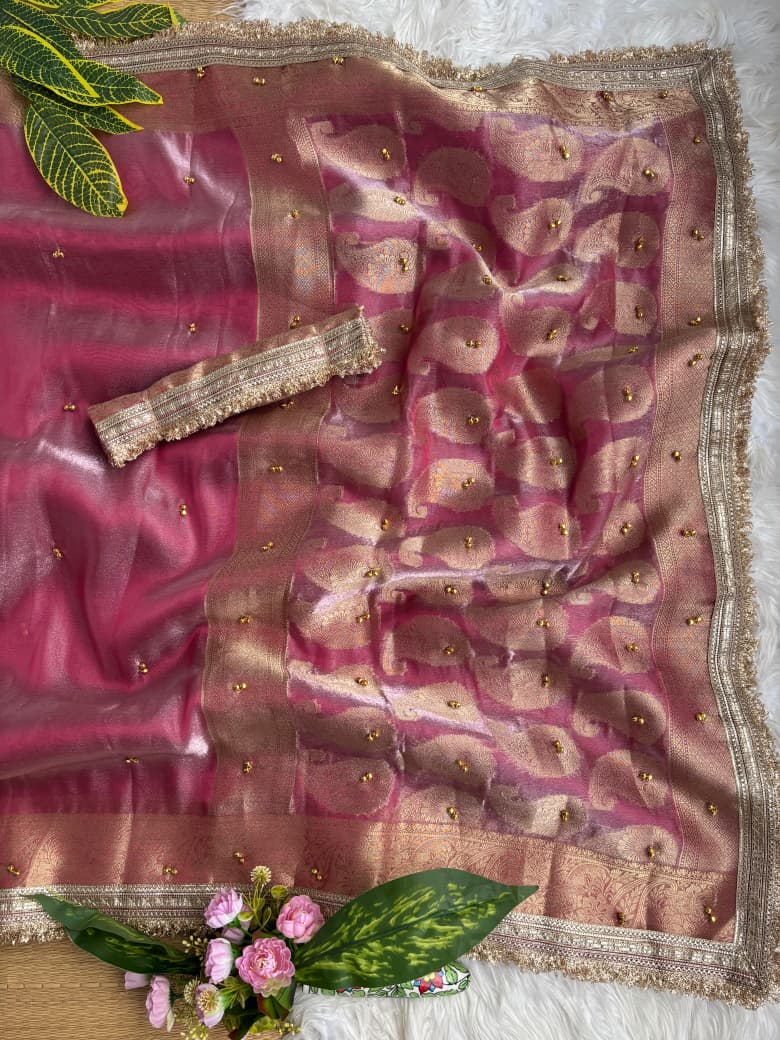 Premium Banarasi Satin Silk Saree with Gungroo & Lace Border