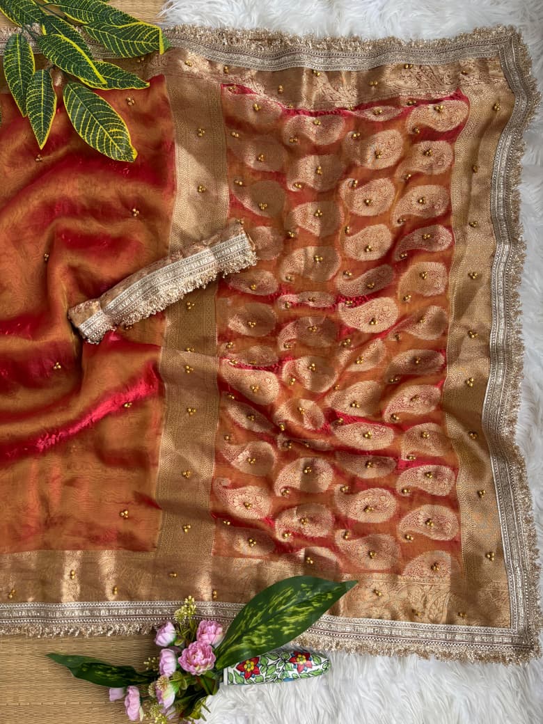 Premium Banarasi Satin Silk Saree with Gungroo & Lace Border