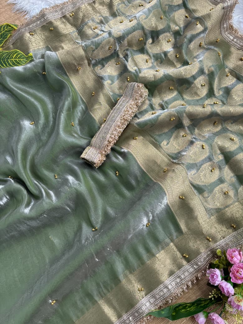 Premium Banarasi Satin Silk Saree with Gungroo & Lace Border