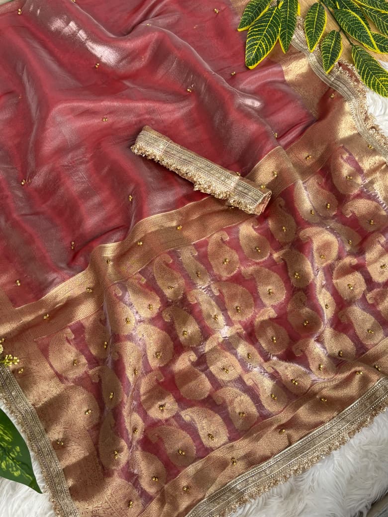 Premium Banarasi Satin Silk Saree with Gungroo & Lace Border