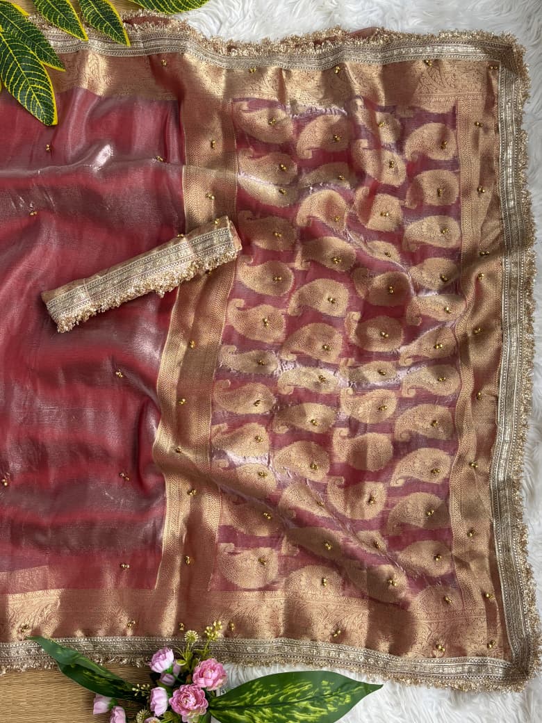 Premium Banarasi Satin Silk Saree with Gungroo & Lace Border