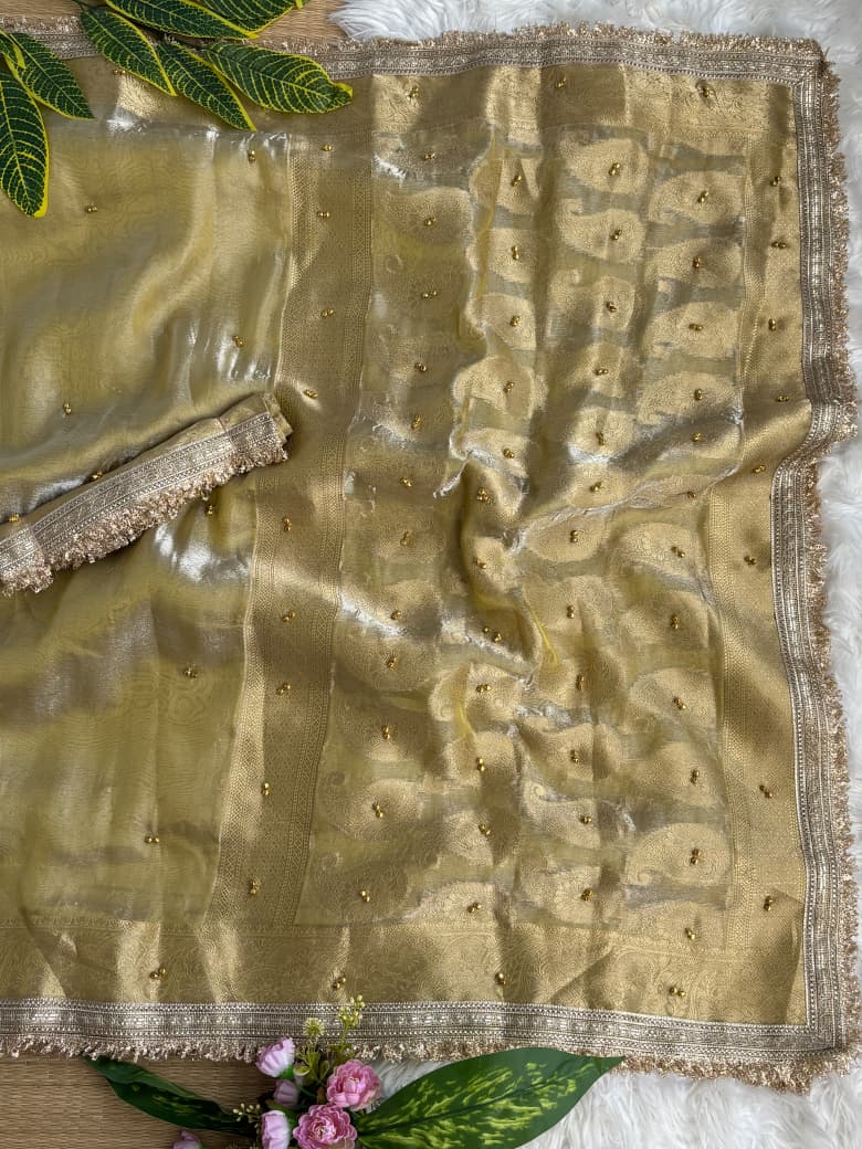 Premium Banarasi Satin Silk Saree with Gungroo & Lace Border