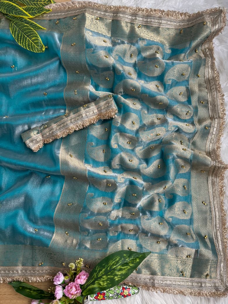 Premium Banarasi Satin Silk Saree with Gungroo & Lace Border