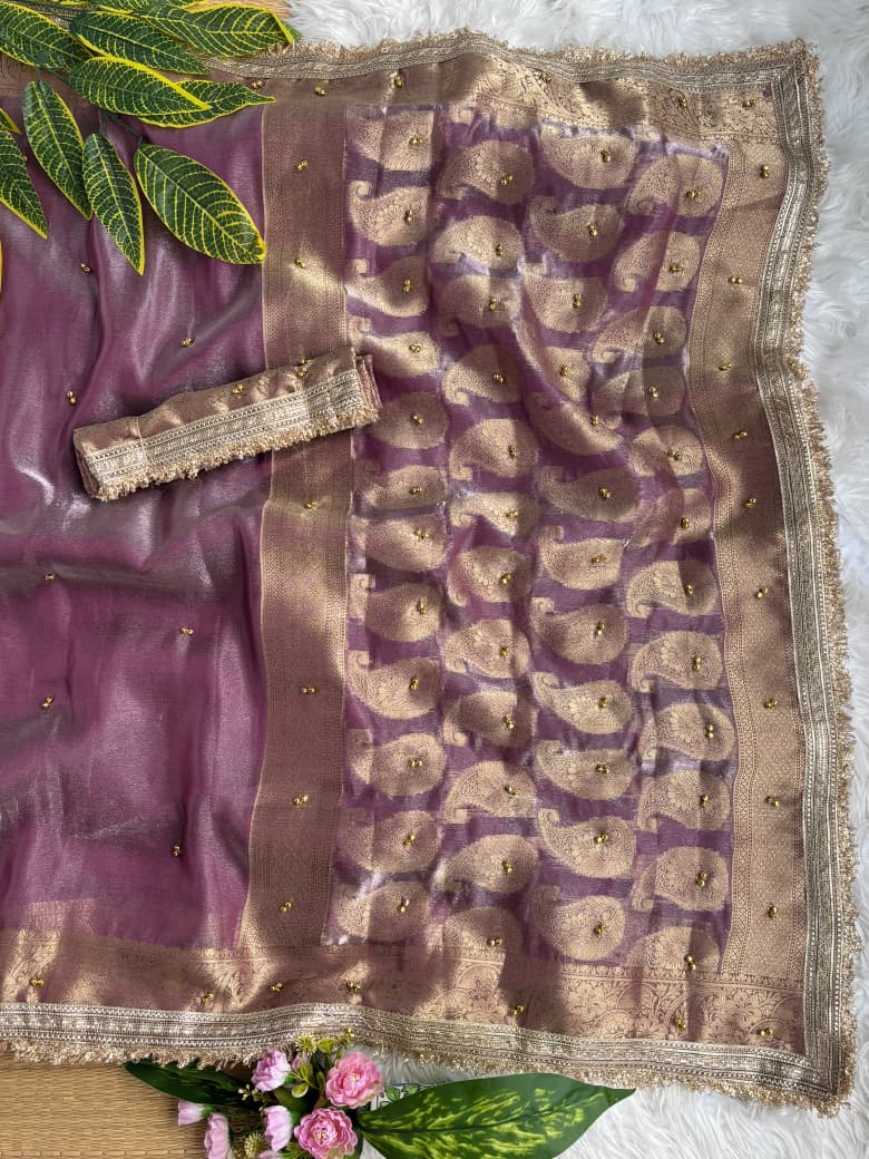 Premium Banarasi Satin Silk Saree with Gungroo & Lace Border