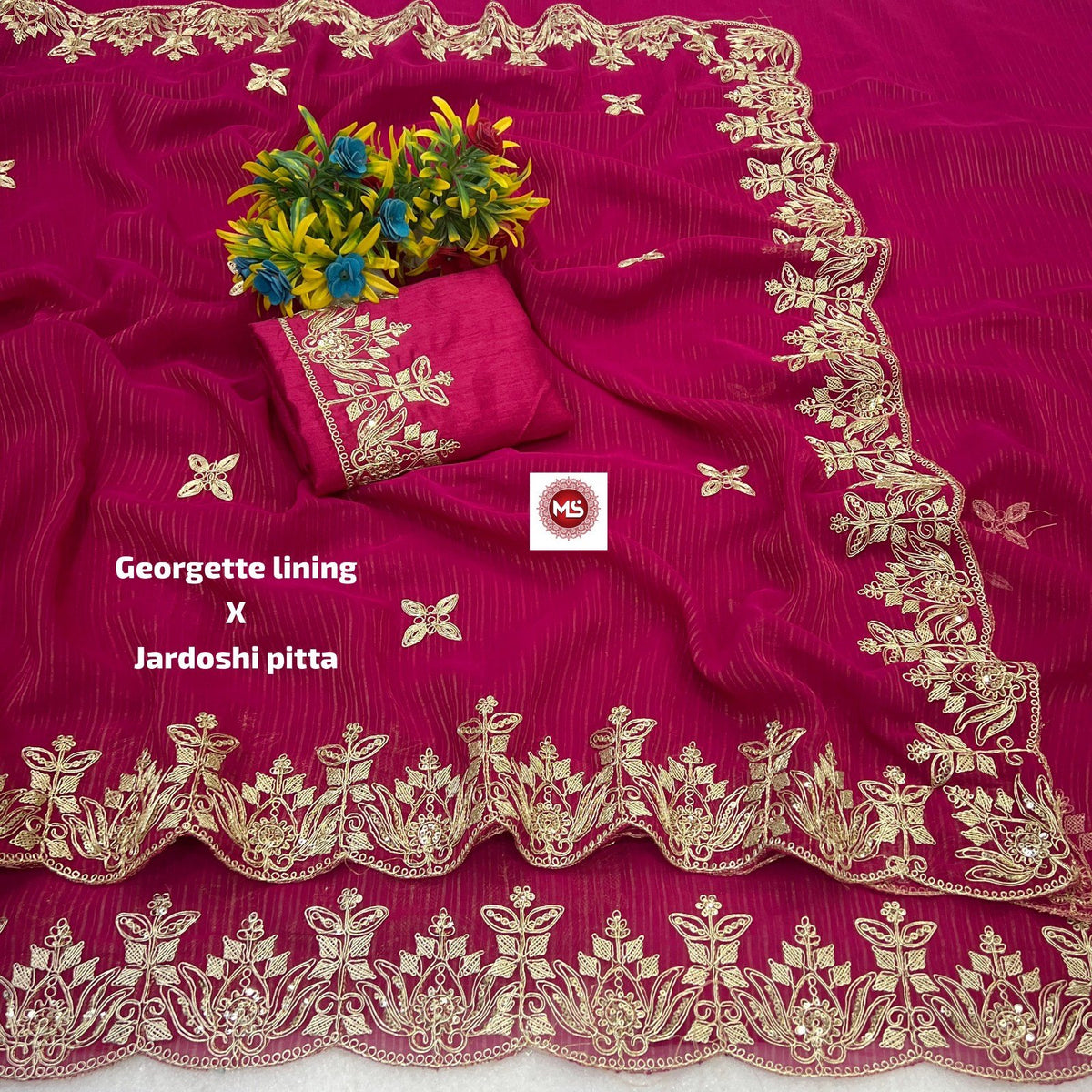 Premium Blooming Georgette Silk Saree with Traditional Pittawork