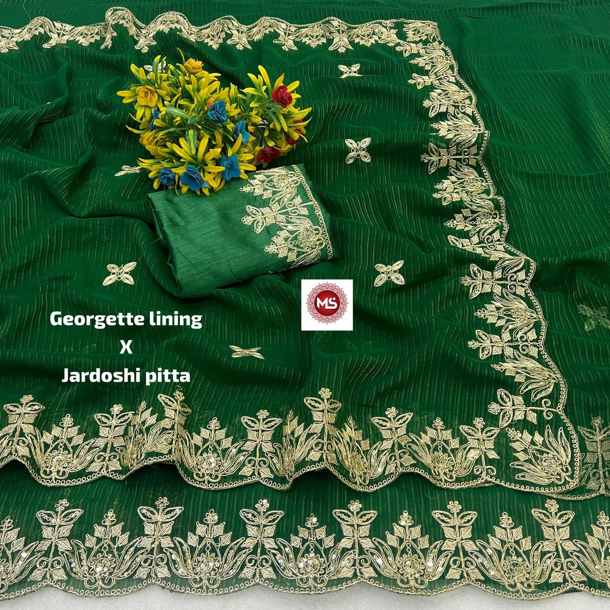Premium Blooming Georgette Silk Saree with Traditional Pittawork