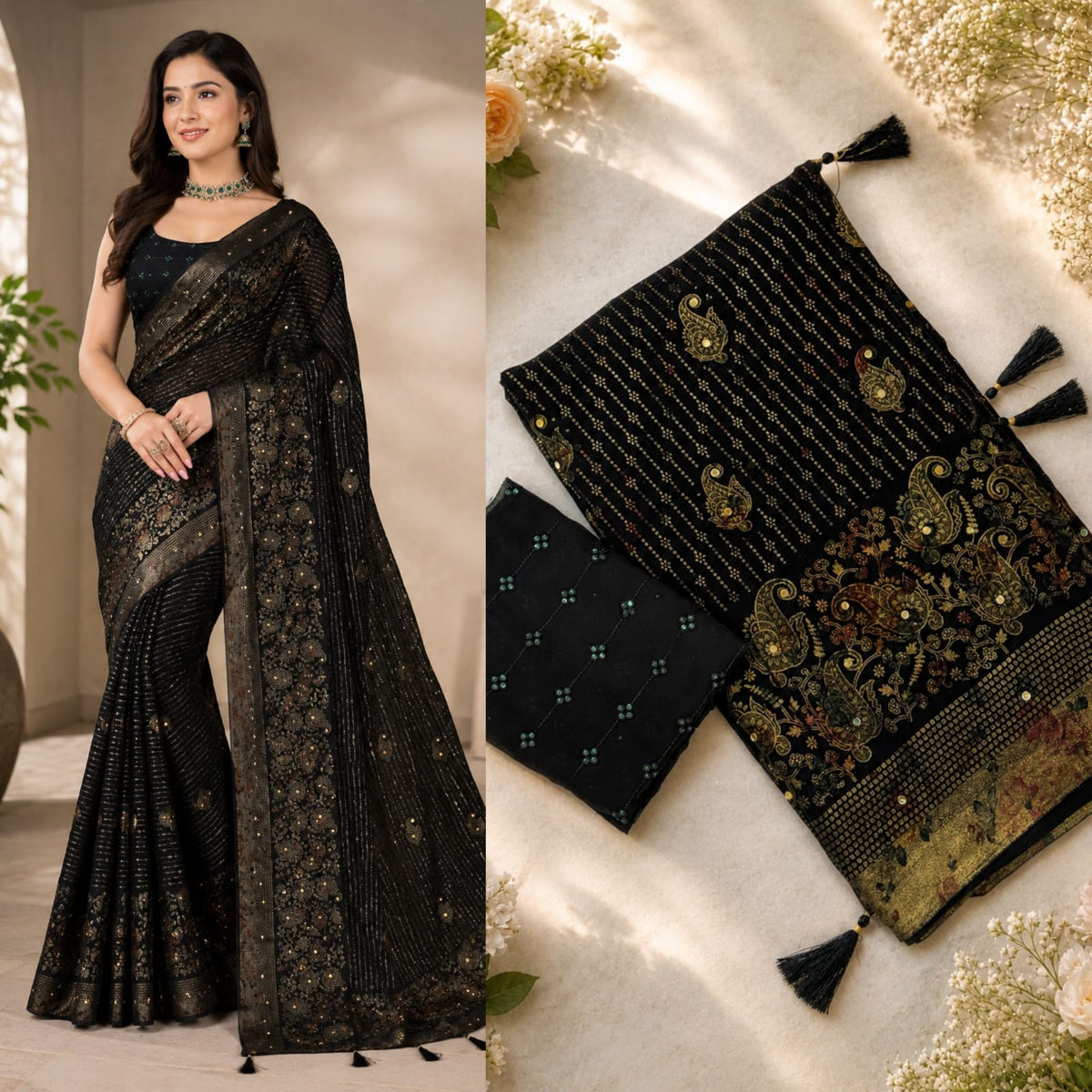 Royal Black Georgette Party Wear Saree with Diamond Work
