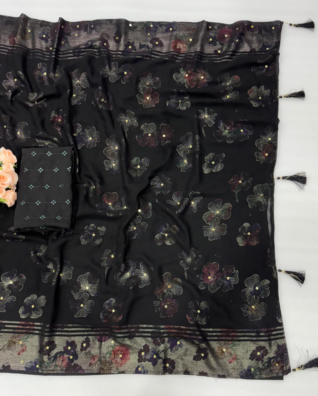 Royal Black Georgette Party Wear Saree with Diamond Work