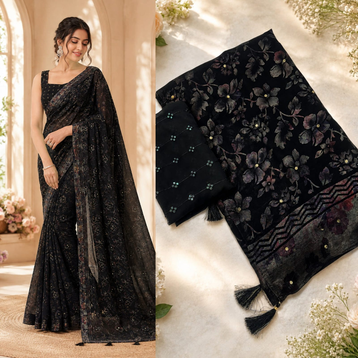 Royal Black Georgette Party Wear Saree with Diamond Work