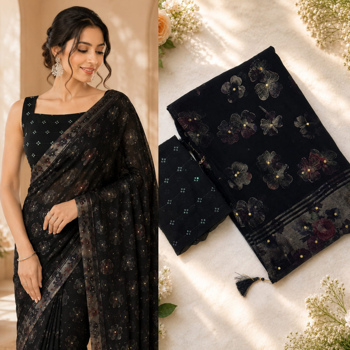 Royal Black Georgette Party Wear Saree with Diamond Work