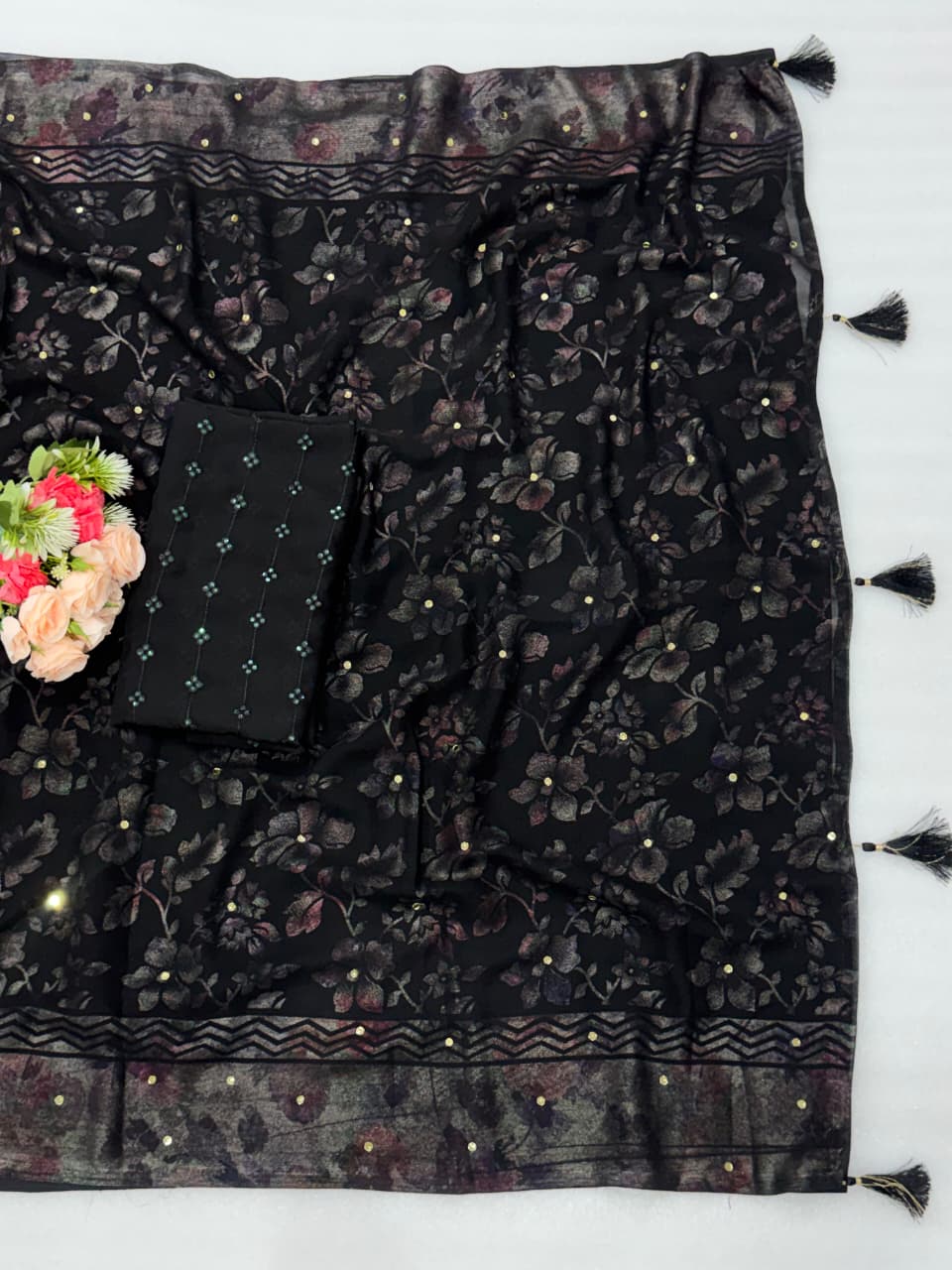 Royal Black Georgette Party Wear Saree with Diamond Work