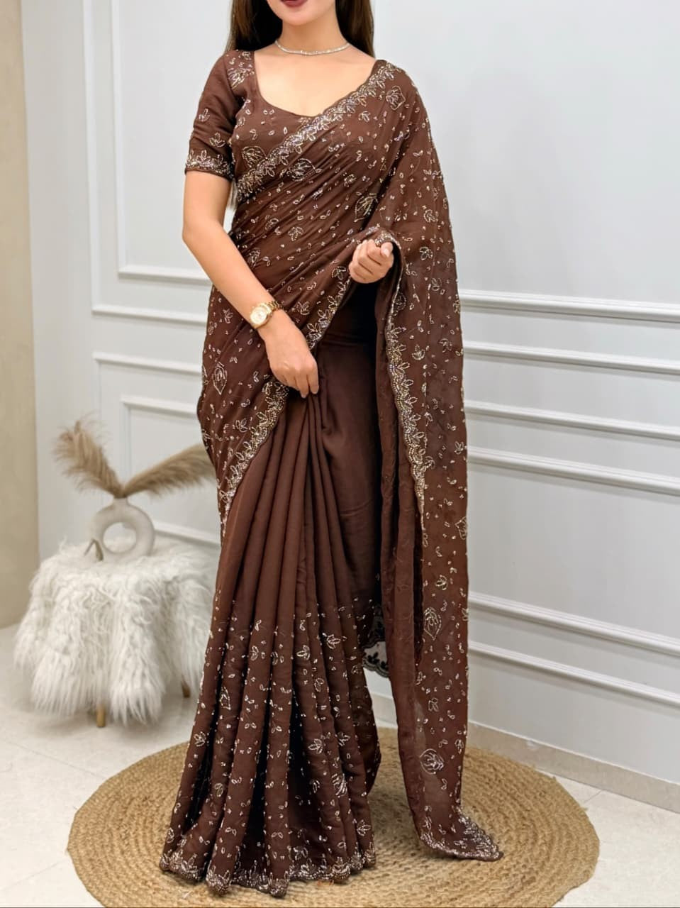 Royal Brown Sequin & Bead Embroidered Saree