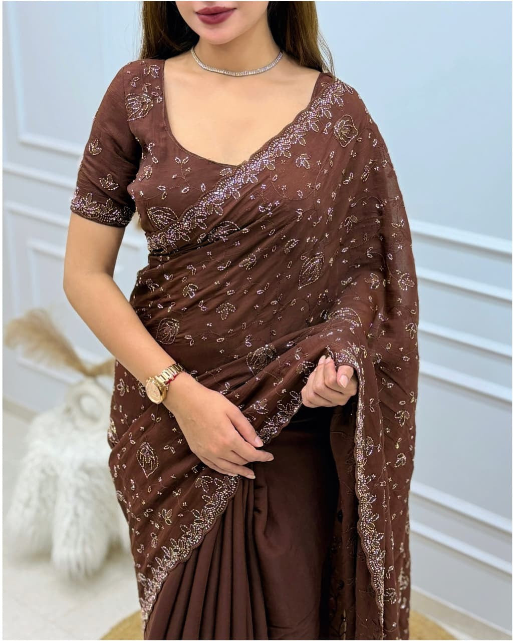 Royal Brown Sequin & Bead Embroidered Saree