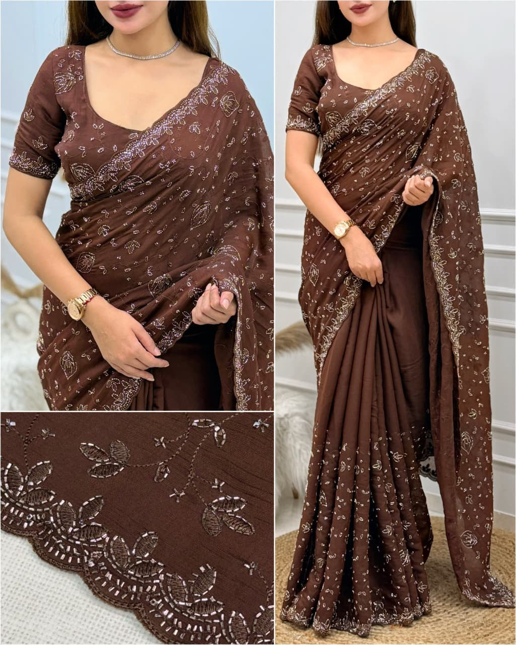 Royal Brown Sequin & Bead Embroidered Saree