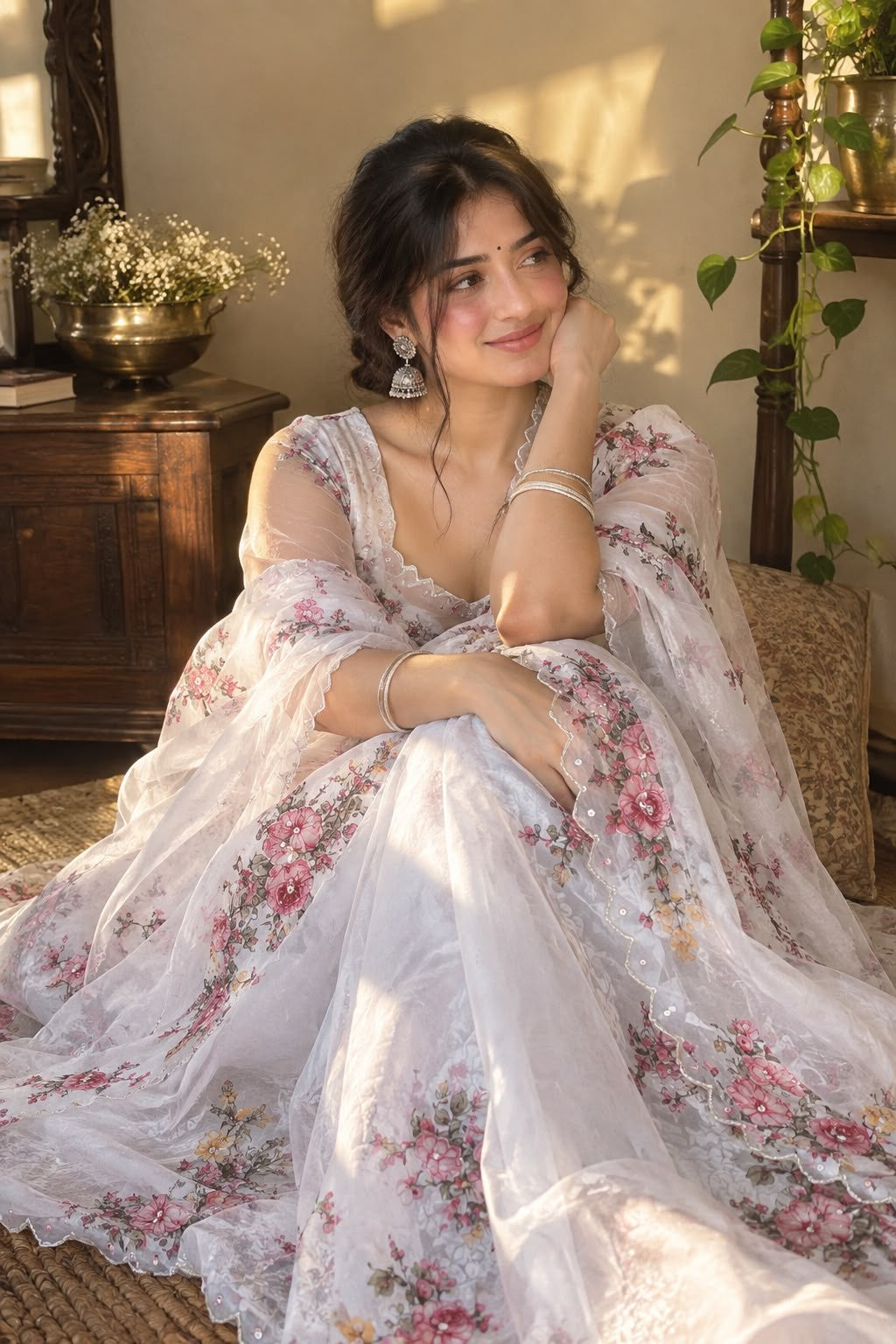 Premium Soft Tebby Silk Saree with Digital Floral Print & Hand Moti Work