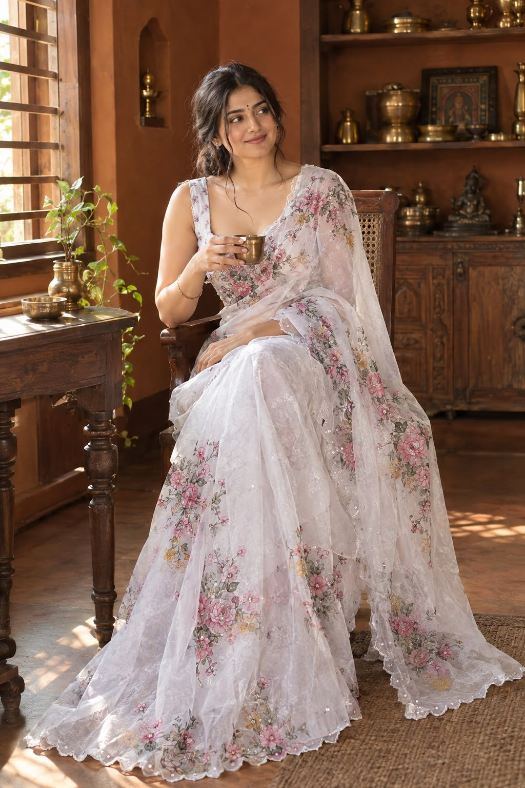 Premium Soft Tebby Silk Saree with Digital Floral Print & Hand Moti Work