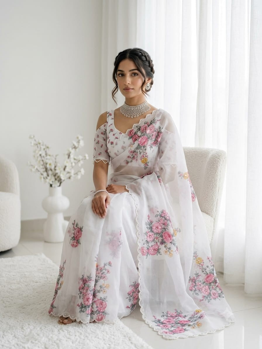 Premium Soft Tebby Silk Saree with Digital Floral Print & Hand Moti Work