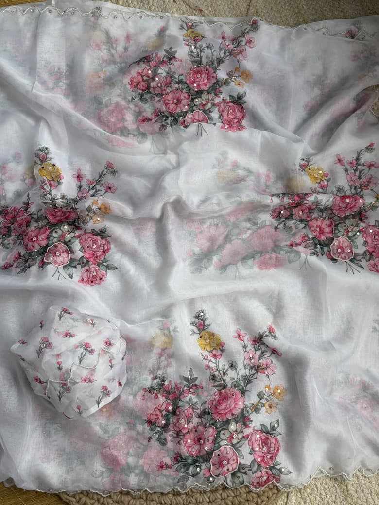 Premium Soft Tebby Silk Saree with Digital Floral Print & Hand Moti Work