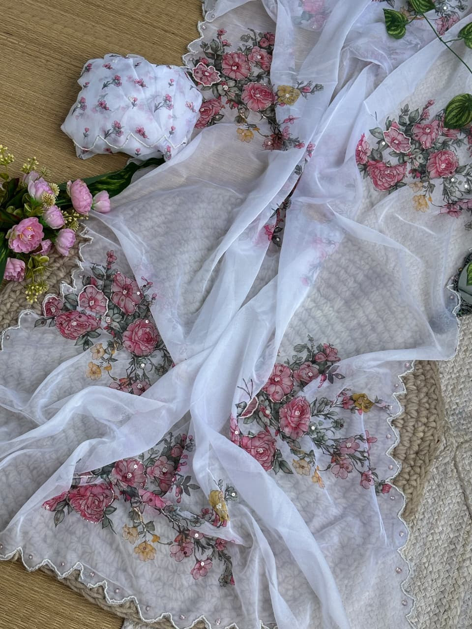 Premium Soft Tebby Silk Saree with Digital Floral Print & Hand Moti Work