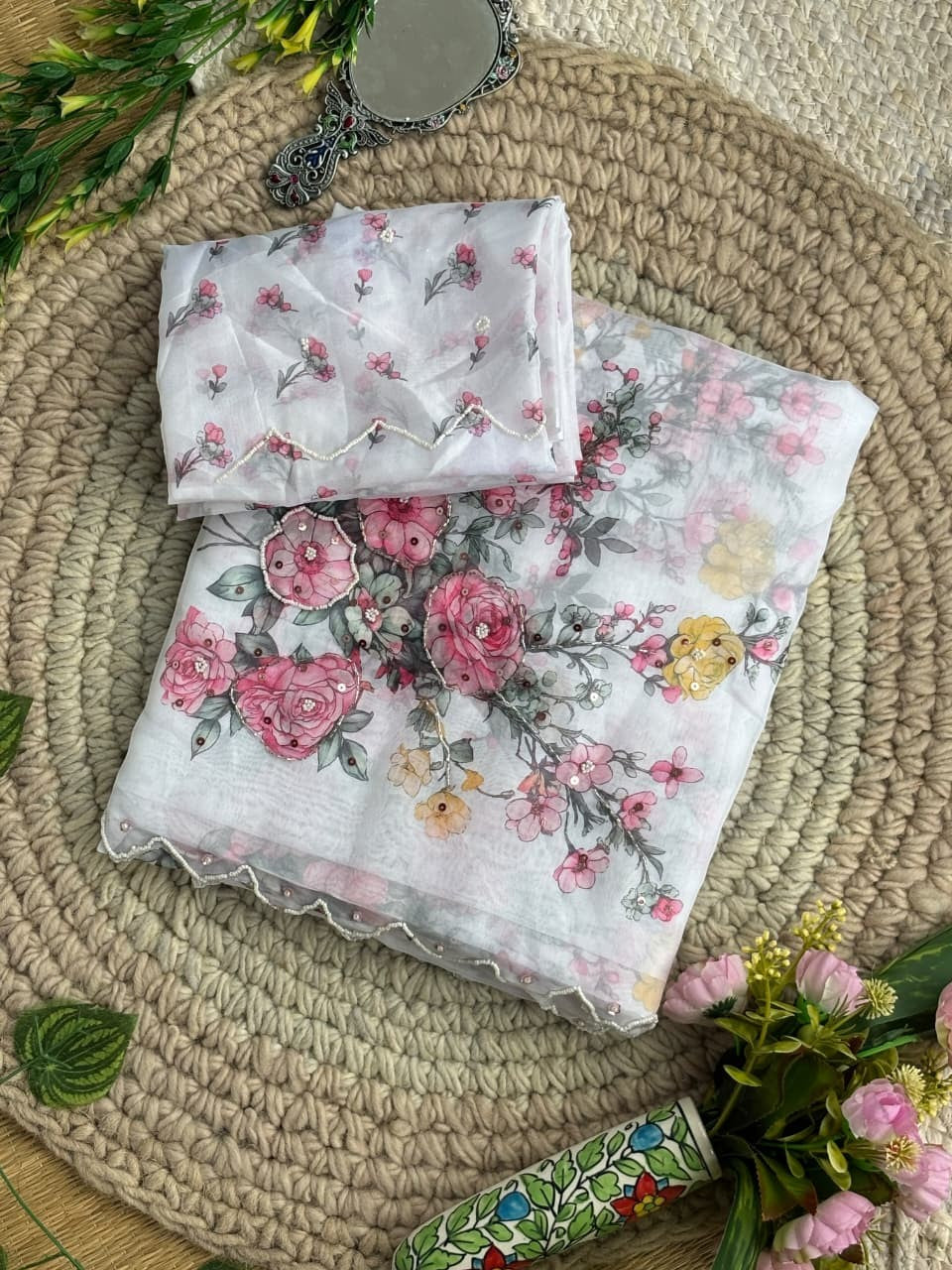 Premium Soft Tebby Silk Saree with Digital Floral Print & Hand Moti Work