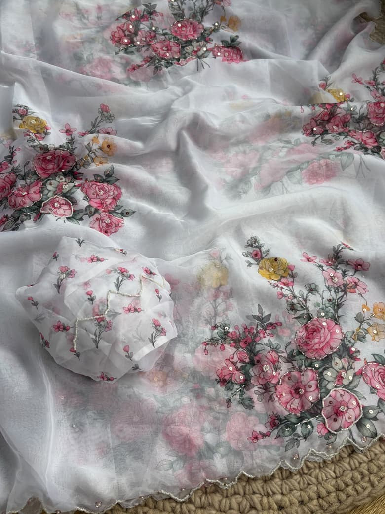 Premium Soft Tebby Silk Saree with Digital Floral Print & Hand Moti Work